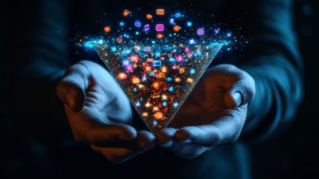 A man holds a cone of digital icons illustrating the e commerce sales funnel conceptの写真素材