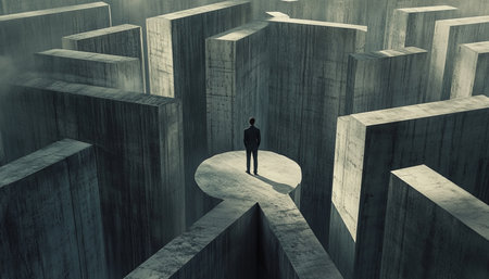 A man in a black suit contemplates his path at the entrance of a complex, dark labyrinthの写真素材