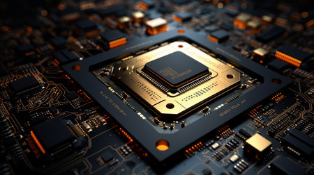 Close up of an electronic circuit board featuring an ai core surrounded by golden jewelryの写真素材