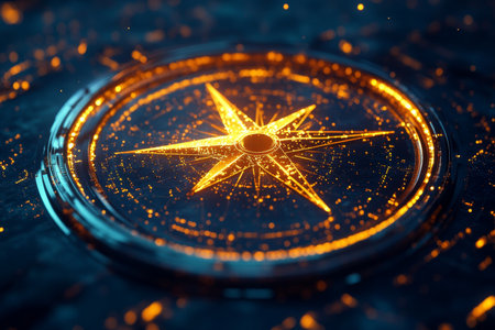 Futuristic compass symbol on digital map with glowing golden lines in dark blue space backgroundの写真素材