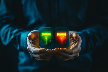 Close up of hands holding an energy label on a virtual screen for sustainable home budgetingの写真素材