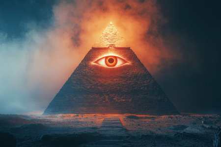 Mystical eye illuminated by the pyramid of giza in a dark blue and orange atmosphere of mysteryの写真素材