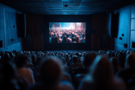Blurry crowd enjoying a film screening on a large cinema screen in a vibrant atmosphereの写真素材