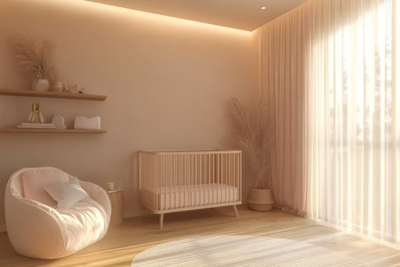 Charming pastel pink and beige nursery with white crib, armchair, and bright natural lightの写真素材