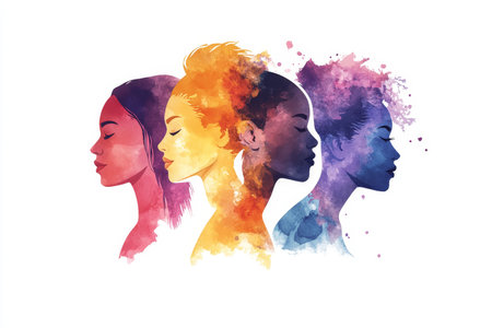 Watercolor logo design celebrating women's day with diverse female profiles on a simple backgroundの写真素材