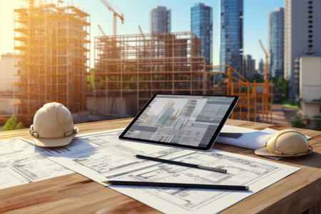 3d rendering of construction tablet on table with helmet, blueprints, and crane backgroundの写真素材