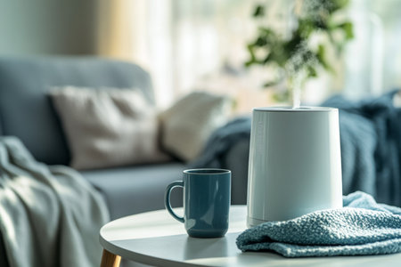 Minimalist living room featuring a white water purifier and blue mug bathed in soft daylightの写真素材