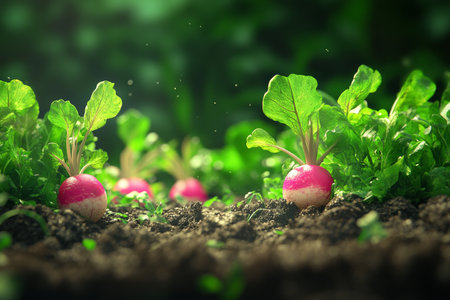 Close up of freshly picked radishes with vibrant pink colors and green leaves in garden soilの写真素材