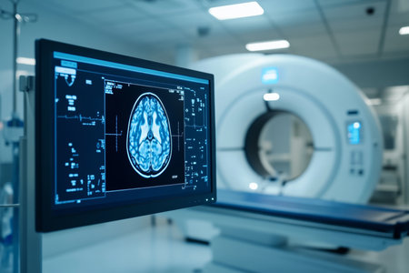 Hyper realistic mri scan displayed on computer screen in modern hospital with cinematic lightingの写真素材