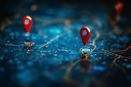 Abstract map featuring red and blue markers on a digital background for social networking conceptの写真素材