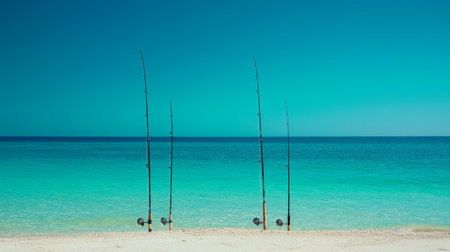 Tranquil scene of three fishing rods by the shore with a crystal blue sea and clear skyの写真素材