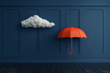 Minimalist 3d render of rain and clouds on dark blue wall featuring a central red umbrellaの写真素材