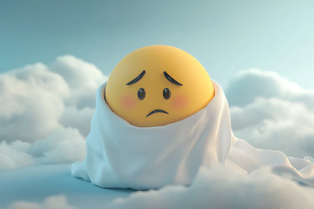 3d render of a sad yellow emoji with a cold, covered in cloth, set against a blue cloud backgroundの写真素材