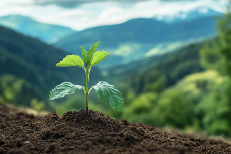 Close up of a young spruce seedling amidst forest and mountains, highlighting nature's resilienceの写真素材