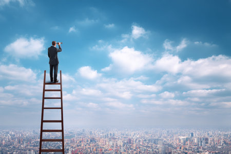 Businessman on a ladder with binoculars observing cityscape, ideal for inspirational text placementの写真素材