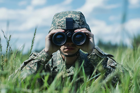 Soldier observing with binoculars in grassy field, captured with shallow depth of field focusの写真素材