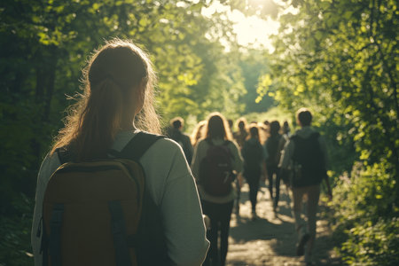 Young woman guides students on nature walk, sunlit pathway surrounded by lush greeneryの写真素材