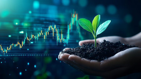 Symbolizing business growth hand nurturing a young plant against stock market chart backgroundの写真素材