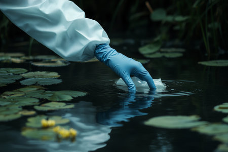 Scientist in protective gear collecting water samples from a natural pond for pollution researchの写真素材