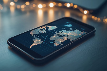 Smartphone displaying a global network and world map, symbolizing online business connections