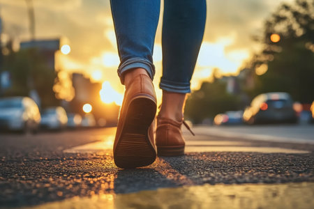 Close up of a woman s feet in brown ballet flats walking on the street at sunsetの写真素材