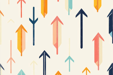 Colorful minimalistic pattern with vibrant arrows and simple shapes on a light backgroundの写真素材