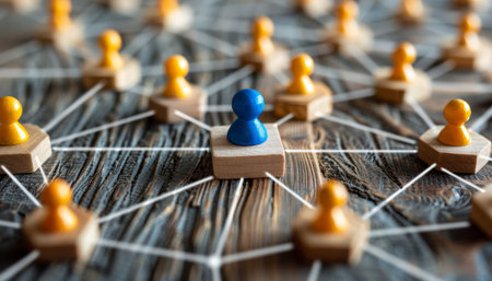 Minimalist photo of business network with icons on wooden blocks representing team structureの写真素材