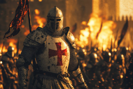 Epic medieval white knight with red cross leading army before burning castle at golden hourの写真素材