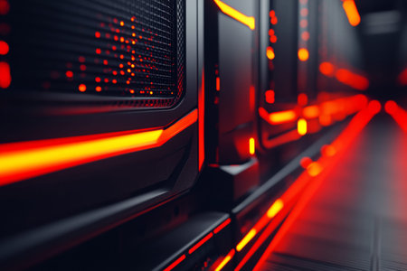 Interior of a sophisticated data center with black and red server cabinets under soft lighting.