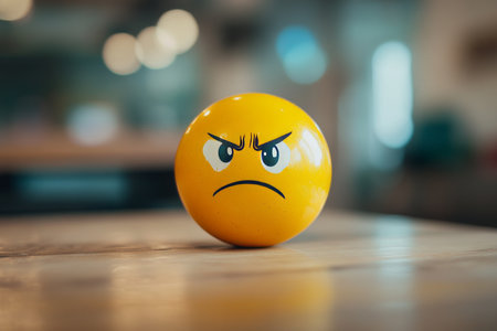Frustrated emoji on wooden table capturing the essence of sadness and negative emotionsの写真素材