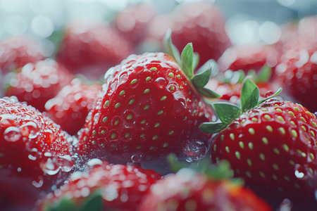 Close up of fresh juicy red strawberries on white background in professional food photography styleの写真素材