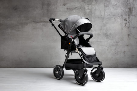 Sleek modern baby stroller in black and gray against a neutral background for stylish parenting