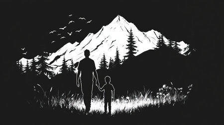 Silhouette of father and son hiking together in mountains, holding hands against a scenic landscapeの写真素材