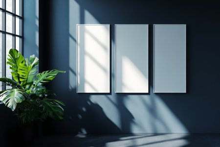 Modern dark room with four blank white posters, natural light, and a green plant accent nearbyの写真素材