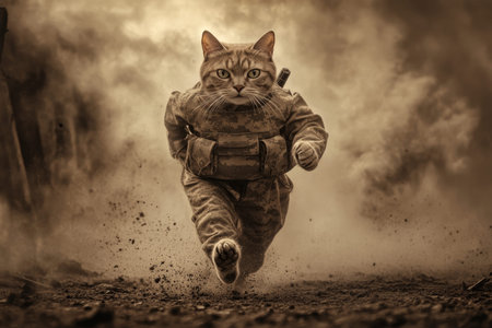 Anthropomorphic cat soldier in vintage style running on wwii battlefield with sepia and dust effects