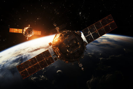 Realistic photography of two small space stations orbiting earth with glowing solar panels and stars