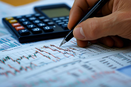 Businessman analyzing financial data with calculator and stock market graphs in professional setting