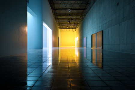 Serene open space with colorful walls and reflective floor, ideal for design and art applicationsの写真素材