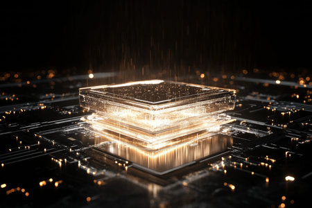 Glowing 3d computer chip on dark backdrop with light rays and circuit board design for tech concepts
