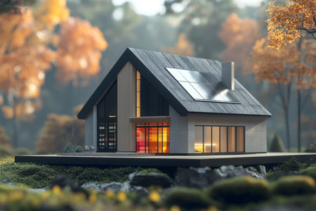 Modern house model rendering with energy efficiency scale against a lush forest backdropの写真素材