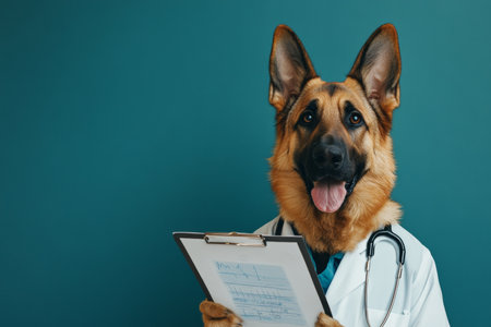 Dog dressed as doctor holding medical chart against blue background winning stock photo entryの写真素材