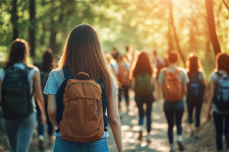 A group of students walking together on a nature trail, enjoying the late afternoon sunlightの写真素材