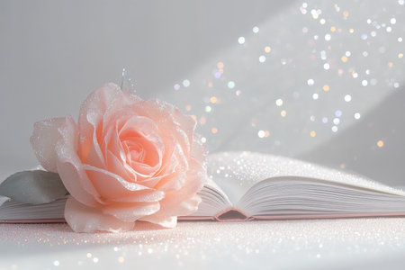 An open book with a delicate rose on a white table, adorned with glitter and dreamy bokeh lightsの写真素材