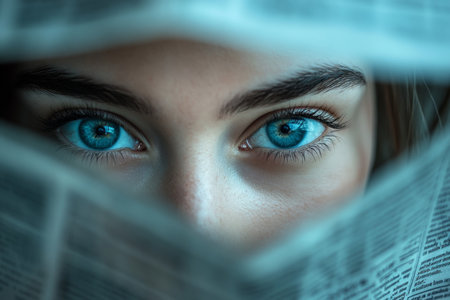 A woman with blue eyes gazes from behind a newspaper in a natural light photography shotの写真素材