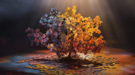 Artistic abstract tree made of vibrant puzzle pieces in a dark background symbolizing mystery