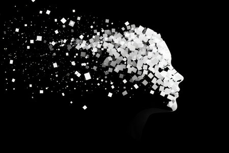 Disintegrating human head profile in white squares with ai robot face silhouette on black backgroundの写真素材