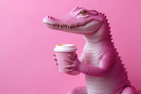 A vibrant pink crocodile enjoying coffee against a matching background in a stunning poster styleの写真素材