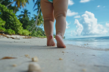 Adorable baby feet walking on the beach a summer vacation scene with tropical backdropの写真素材
