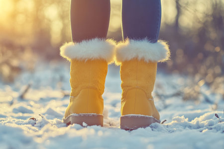 Woman in yellow sheepskin boots in snowy landscape under warm sunlight with soft focus effectの写真素材