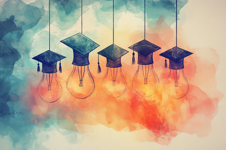 Creative abstract illustration of light bulbs in graduation caps symbolizing education and learningの写真素材